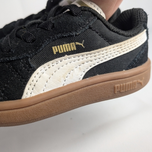 PUMA Unisex Baby Kid Shoes Flat Black Suede Size 7 Tan Soles - Picture 4 of 8